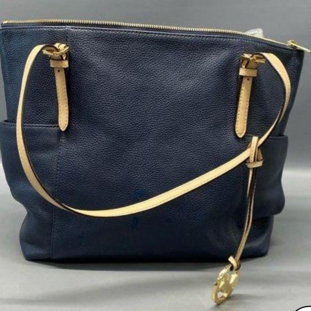 Michael Kors Blue Soft Pebbled Leather Tote Bag With Nude Straps